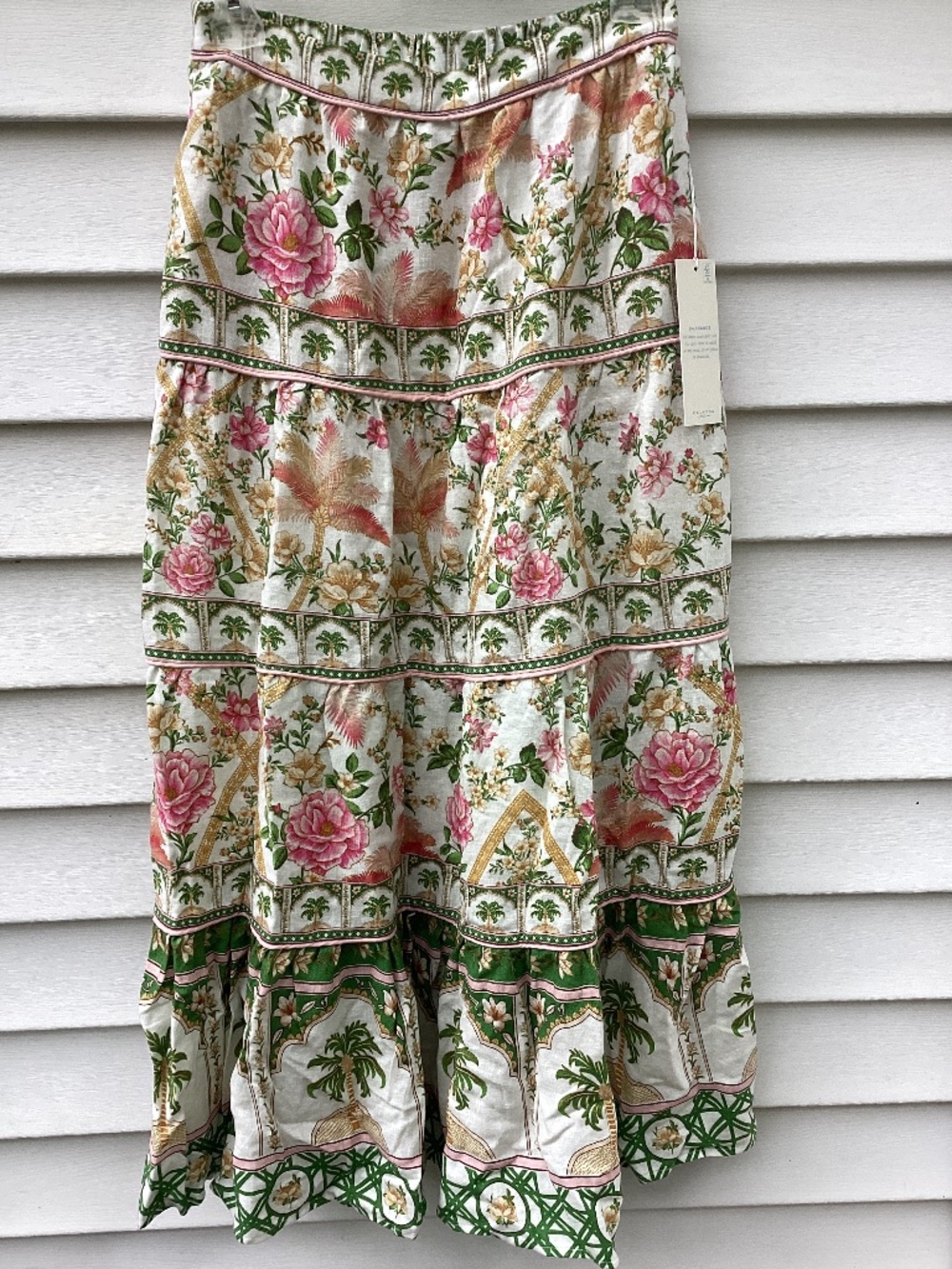 Calypso St. Barth Maxi Skirt Linen Floral Palm Tiered Resort Coastal Boho NWT S